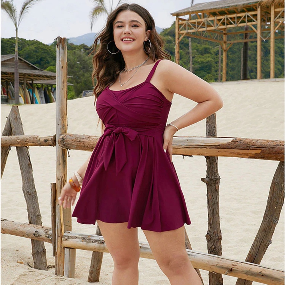 BloomChic Red Violet Bow Knot Crossover Pleated Swim Dress One Piece 14/16